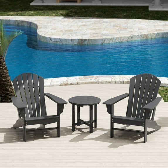 WestinTrends Dylan Adirondack Chairs Set of 2 with Side Table, All Weather Poly Lumber Outdoor Seating Patio Conversation Bistro Set, Seashell Curved Slat Backrest, Gray