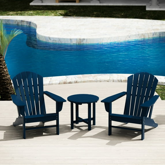 WestinTrends Dylan Adirondack Chairs Set of 2 with Side Table, All Weather Poly Lumber Outdoor Seating Patio Conversation Bistro Set, Seashell Curved Slat Backrest, Navy Blue