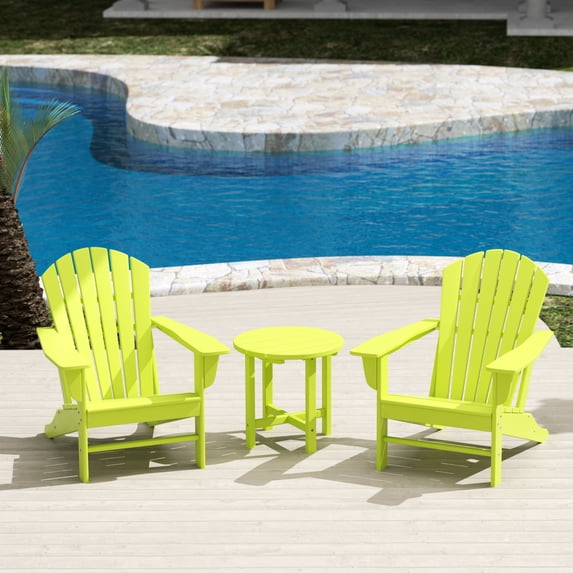 WestinTrends Dylan Adirondack Chairs Set of 2 with Side Table, All Weather Poly Lumber Outdoor Seating Patio Conversation Bistro Set, Seashell Curved Slat Backrest, Lime Green