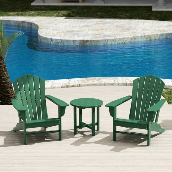 WestinTrends Dylan Adirondack Chairs Set of 2 with Side Table, All Weather Poly Lumber Outdoor Seating Patio Conversation Bistro Set, Seashell Curved Slat Backrest, Dark Green