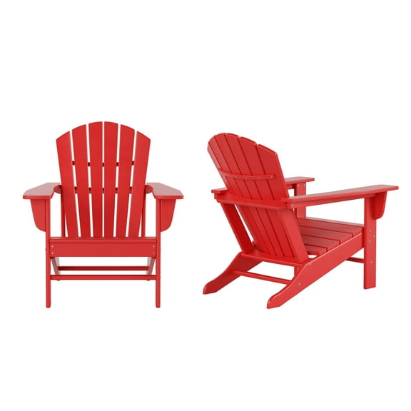 WestinTrends Dylan Adirondack Chairs Set of 2, All Weather Poly Lumber Outdoor Patio Chairs, Seashell Slat Curved Back, Widen Seat Armrest, Color Stay, Imitation Wood Texture, Red