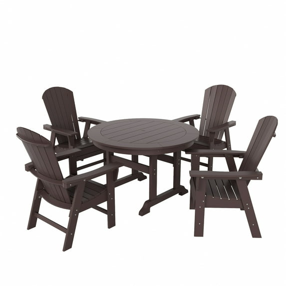 WestinTrends Dylan Adirondack Outdoor Dining Set for 4, All Weather Poly Lumber Patio Table and Chairs Set of 4, 47" Trestle Round Dining Table and Seashell Adirondack Dining Chair, Dark Brown