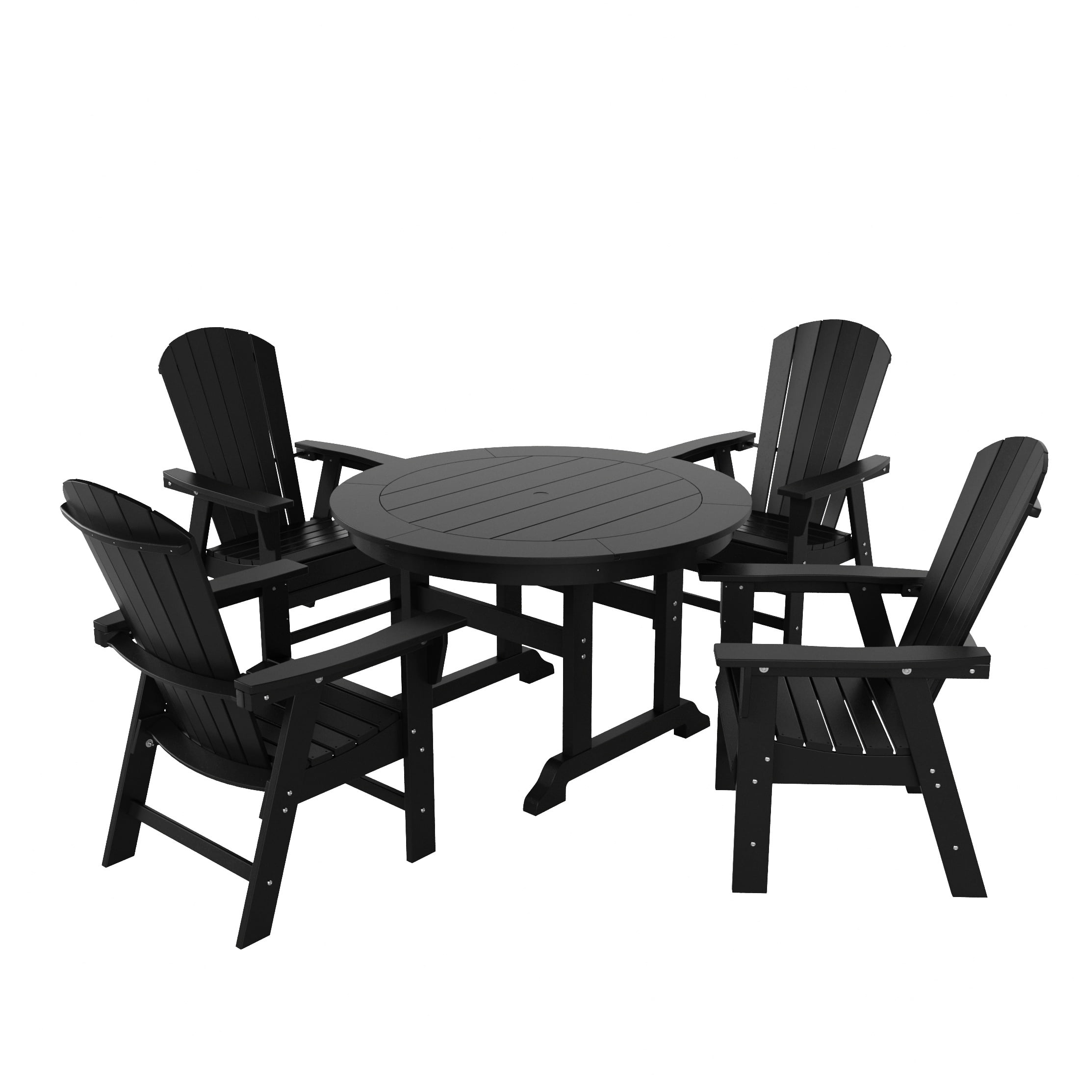 Walmart Coupons of WestinTrends Dylan Adirondack Outdoor Dining Set for 4, All Weather Poly Lumber Patio Table and Chairs Set of 4, 47" Trestle Round Dining Table and Seashell Adirondack Dining Chair, Black