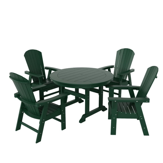 WestinTrends Dylan Adirondack Outdoor Dining Set for 4, All Weather Poly Lumber Patio Table and Chairs Set of 4, 47" Trestle Round Dining Table and Seashell Adirondack Dining Chair, Dark Green