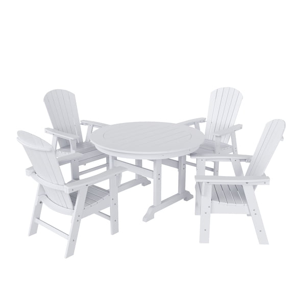 WestinTrends Dylan Adirondack Outdoor Dining Set for 4, All Weather Poly Lumber Patio Table and Chairs Set of 4, 47" Trestle Round Dining Table and Seashell Adirondack Dining Chair, White