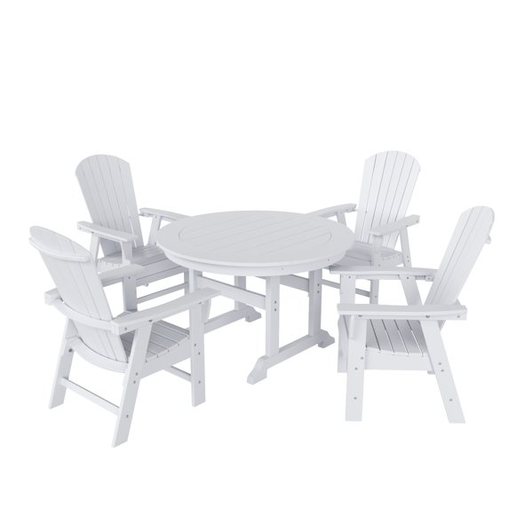 WestinTrends Dylan Adirondack Outdoor Dining Set for 4, All Weather Poly Lumber Patio Table and Chairs Set of 4, 47" Trestle Round Dining Table and Seashell Adirondack Dining Chair, White