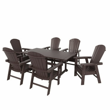 WestinTrends Dylan Adirondack Outdoor Dining Set for 6, All Weather Poly Lumber Patio Table and Chairs Set of 6, 71" Trestle Outdoor Table and Seashell Adirondack Dining Chair, Dark Brown