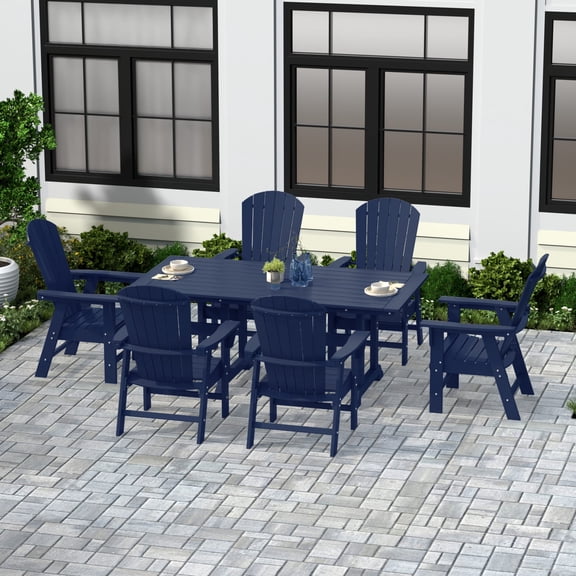 WestinTrends Dylan Adirondack Outdoor Dining Set for 6, All Weather Poly Lumber Patio Table and Chairs Set of 6, 71" Trestle Outdoor Table and Seashell Adirondack Dining Chair, Navy Blue