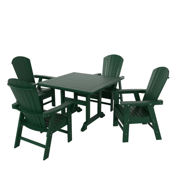 WestinTrends Dylan Adirondack Patio Dining Set for 4, All Weather Poly Lumber Outdoor Table and Chairs Set of 4, 43" Trestle Square Dining Table and Seashell Adirondack Dining Chair, Dark Green