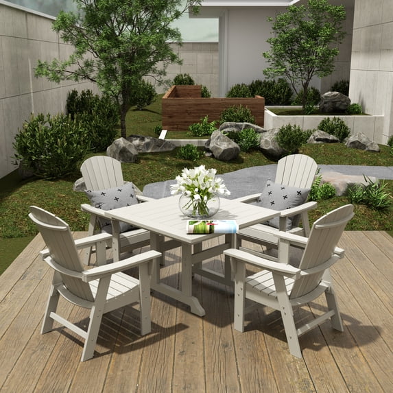 WestinTrends Dylan Adirondack Patio Dining Set for 4, All Weather Poly Lumber Outdoor Table and Chairs Set of 4, 43" Trestle Square Dining Table and Seashell Adirondack Dining Chair, Sand