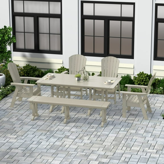 WestinTrends Dylan Adirondack Patio Dining Set for 6, All Weather Poly Lumber Outdoor Table and Chairs Set of 4, 71" Trestle Table and Adirondack Dining Chair with Dining Bench, Sand