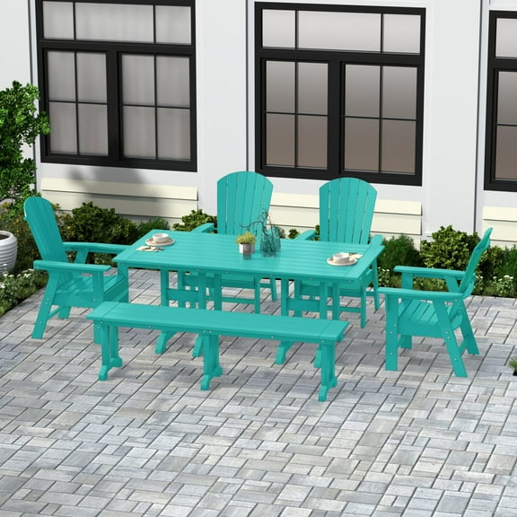 WestinTrends Dylan Adirondack Patio Dining Set for 6, All Weather Poly Lumber Outdoor Table and Chairs Set of 4, 71" Trestle Table and Adirondack Dining Chair with Dining Bench, Turquoise