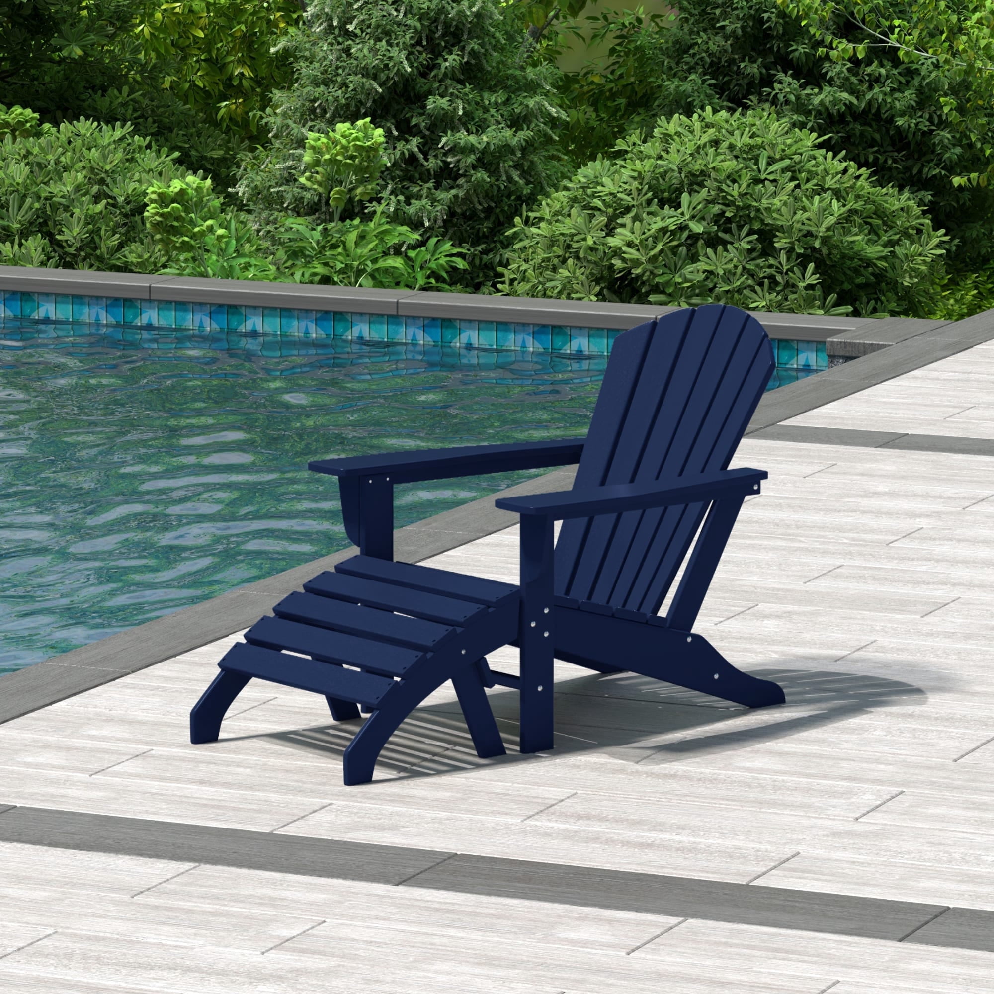 WestinTrends Dylan Lounge Chairs for Outside, 2 Pieces Seashell Adirondack Chair with Ottoman Set, All Weather Poly Lumber Outdoor Patio Chairs Furniture Set, Pacific Blue