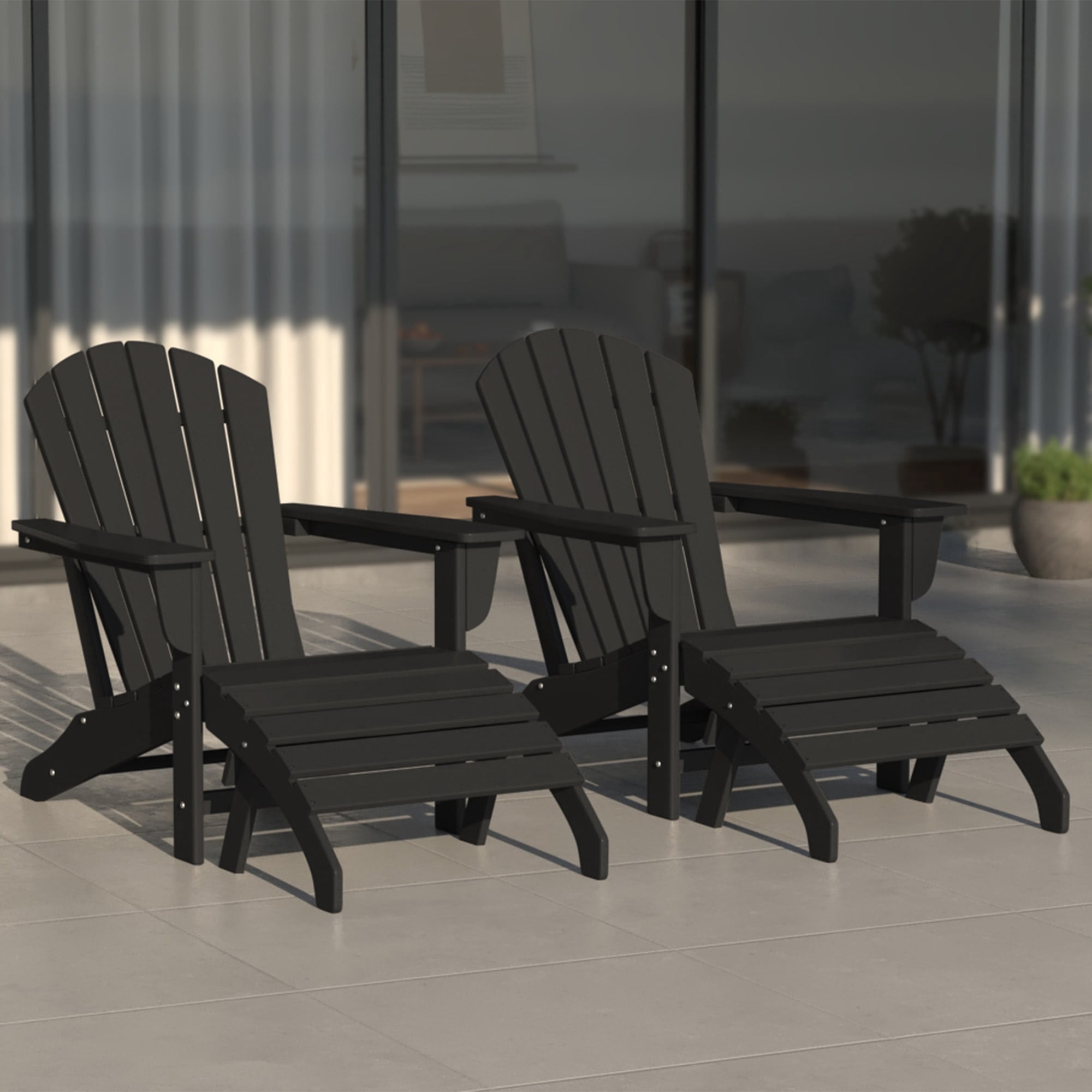 WestinTrends Dylan Outdoor Lounge Chairs Set of 2, 4 Pieces Seashell Adirondack Chairs with Ottoman Set, All Weather Poly Lumber Outdoor Patio Chairs Furniture Set, Black