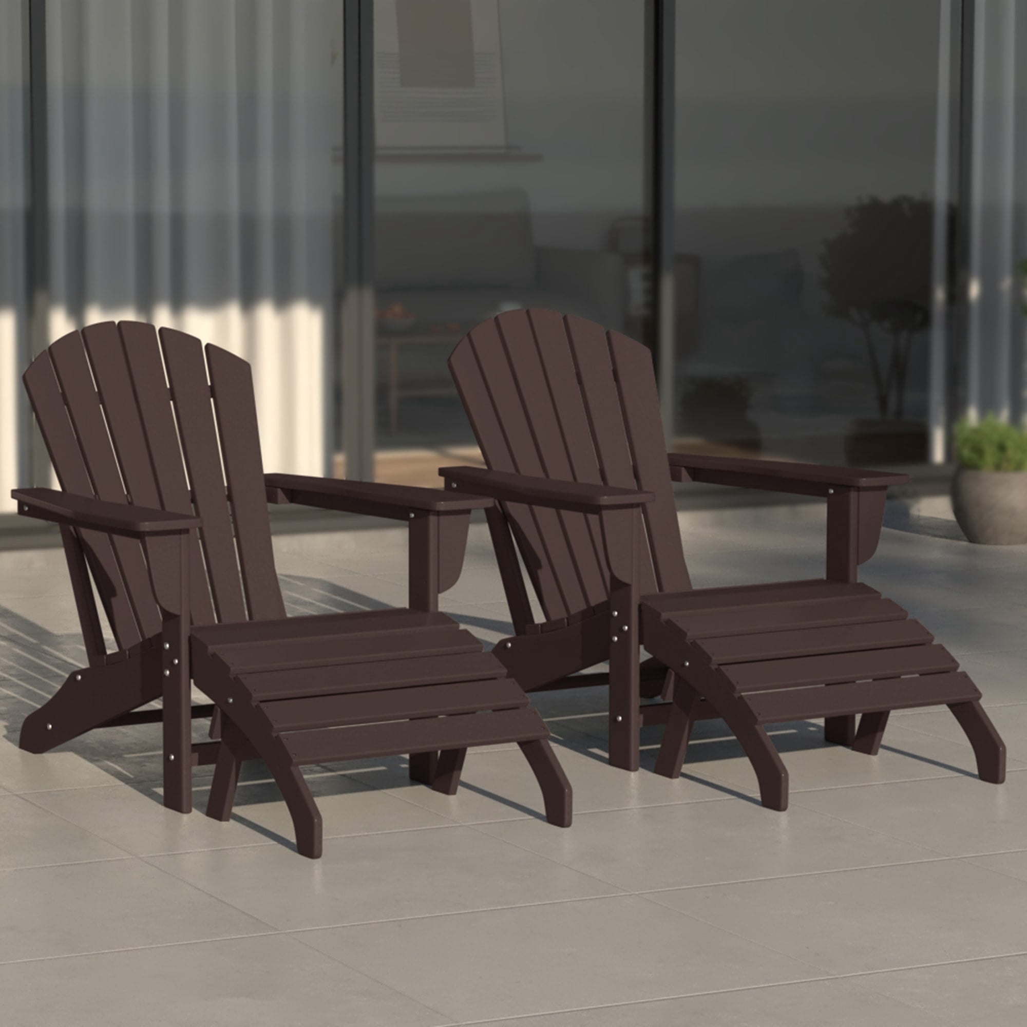 WestinTrends Dylan Outdoor Lounge Chairs Set of 2, 4 Pieces Seashell Adirondack Chairs with Ottoman Set, All Weather Poly Lumber Outdoor Patio Chairs Furniture Set, Dark Brown