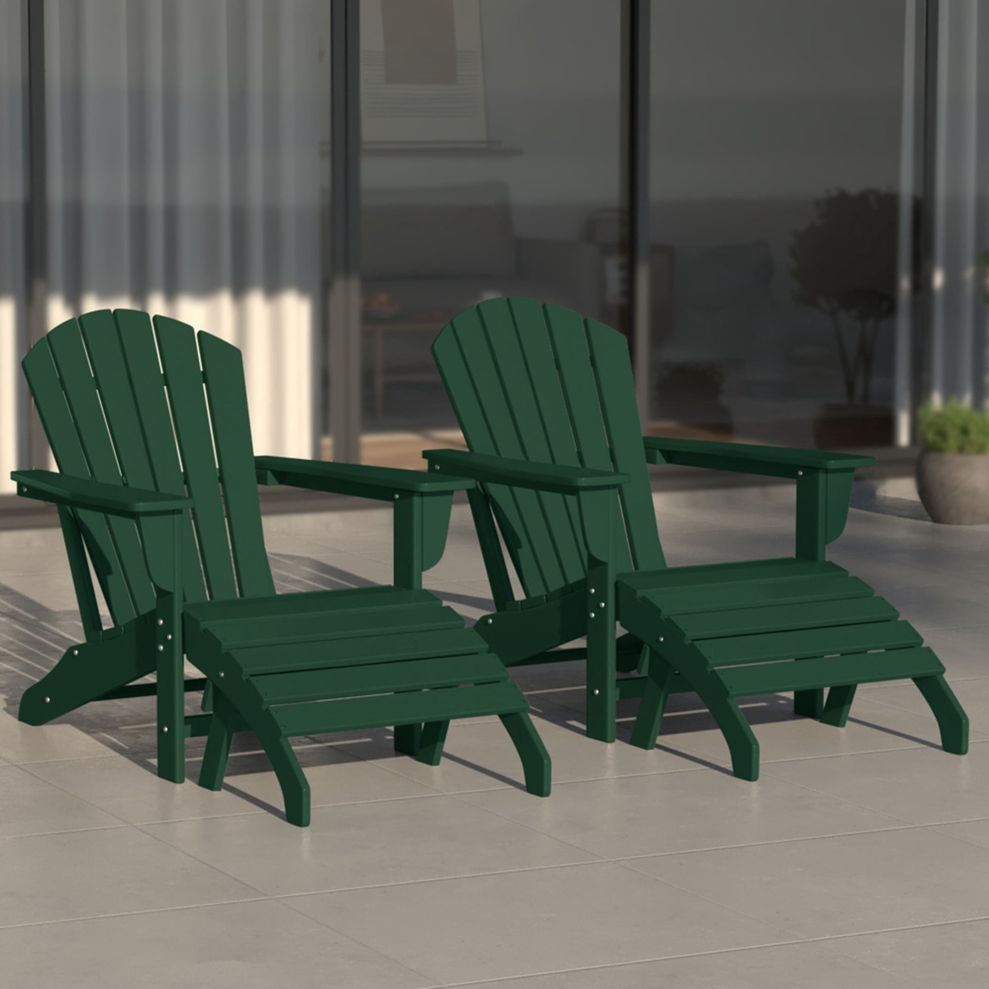 WestinTrends Dylan Outdoor Lounge Chairs Set of 2, 4 Pieces Seashell Adirondack Chairs with Ottoman Set, All Weather Poly Lumber Outdoor Patio Chairs Furniture Set, Dark Green