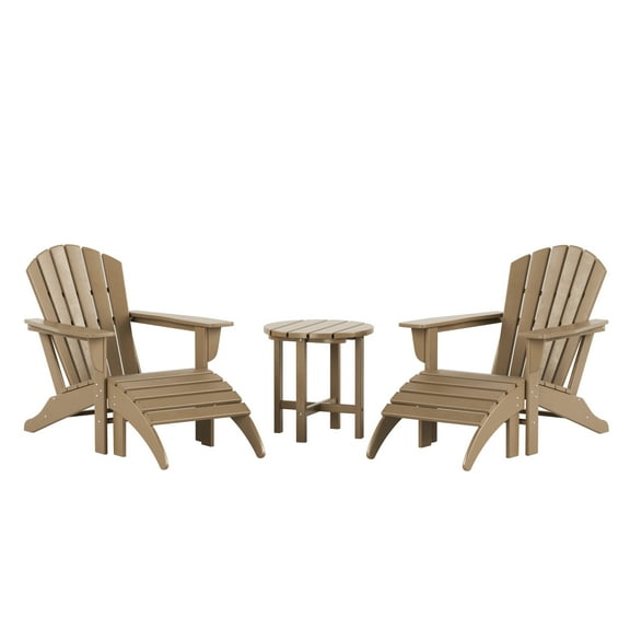 WestinTrends Dylan Outdoor Lounge Chairs Set of 2, 5 Pieces Seashell Adirondack Chairs with Ottoman and Side Table, All Weather Poly Lumber Outdoor Patio Chairs Furniture Set, Weathered Wood