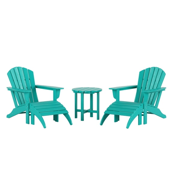 WestinTrends Dylan Outdoor Lounge Chairs Set of 2, 5 Pieces Seashell Adirondack Chairs with Ottoman and Side Table, All Weather Poly Lumber Outdoor Patio Chairs Furniture Set, Turquoise