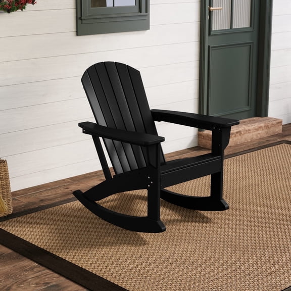 WestinTrends Dylan All-Weather Poly Lumber Adirondack Rocking Chair, Seashell Design, 450-lb Capacity, Patio Porch Furniture, Black