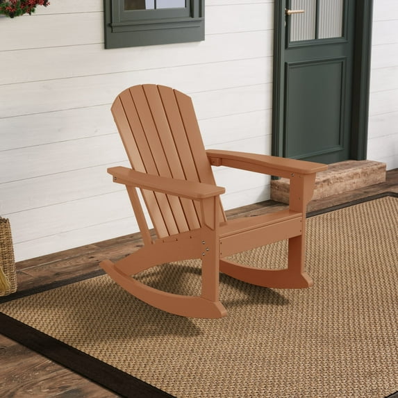 WestinTrends Dylan Outdoor Rocking Chair, All Weather Poly Lumber Seashell Adirondack Rocker Chair, 350 Lbs Support Patio Rocking Chairs for Porch Garden Backyard and Indoor, Teak