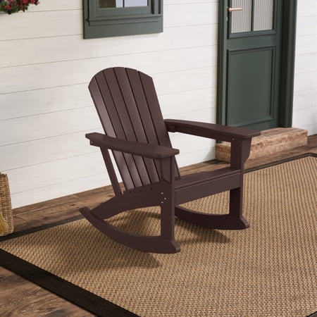 WestinTrends Dylan All-Weather Poly Lumber Adirondack Rocking Chair, Seashell Design, 450-lb Capacity, Patio Porch Furniture, Dark Brown