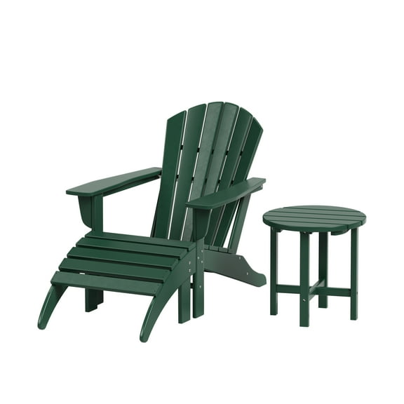 WestinTrends Dylan Patio Lounge Chairs, 3 Pieces Seashell Adirondack Chair with Ottoman and Side Table, All Weather Poly Lumber Outdoor Patio Chairs Furniture Set, Dark Green