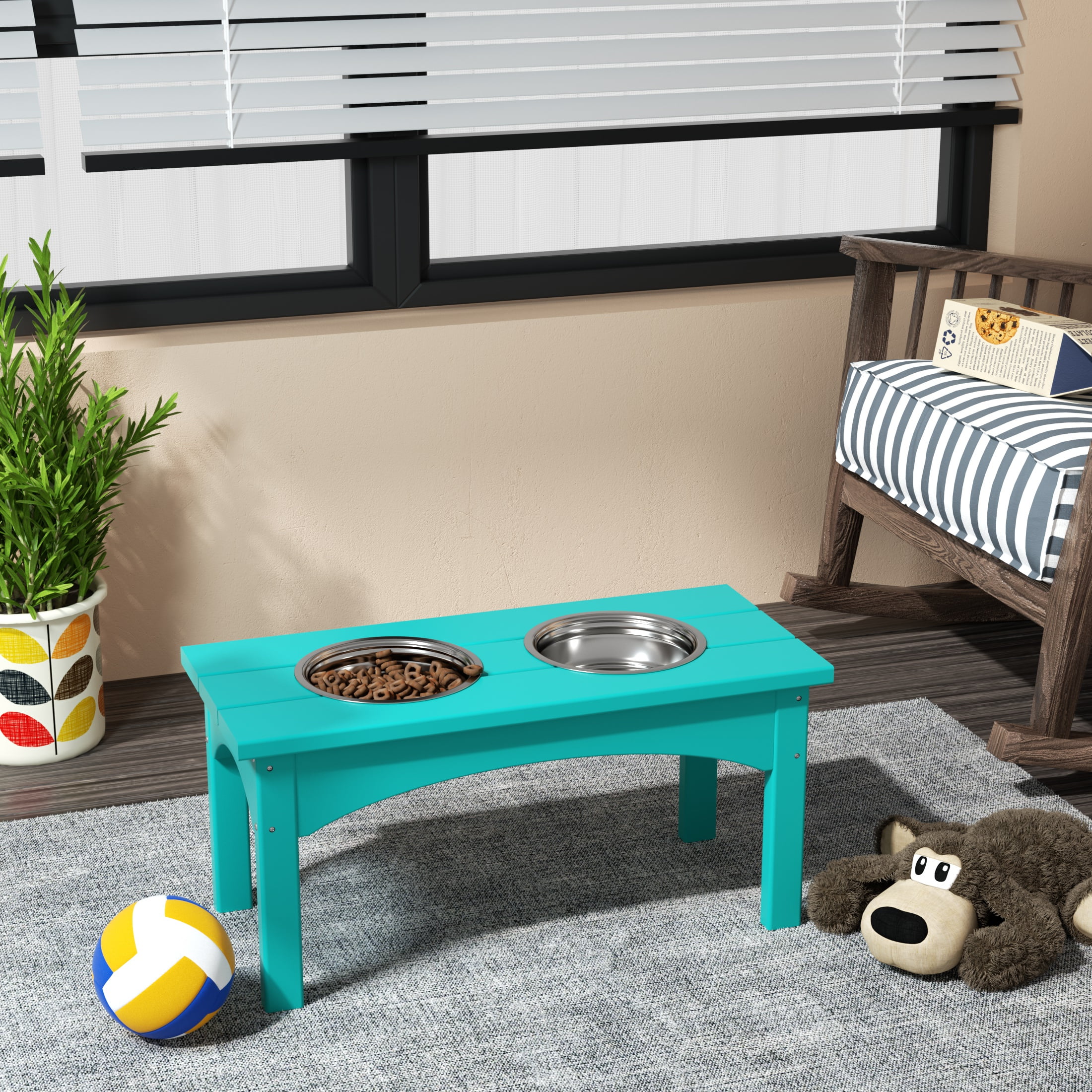 Turquoise Elevated Pet Feeder with Stainless Steel Bowls