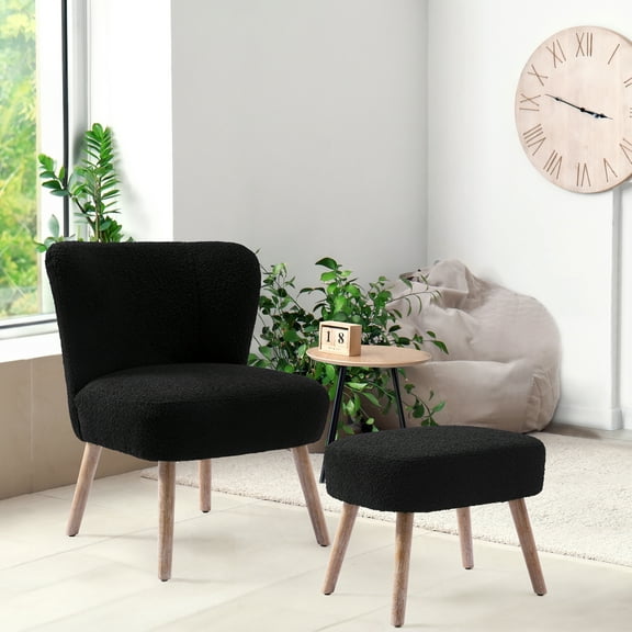 WestinTrends Genevieve Mid-Century Boucle Accent Chair with Ottoman Foot Stool Set, Black