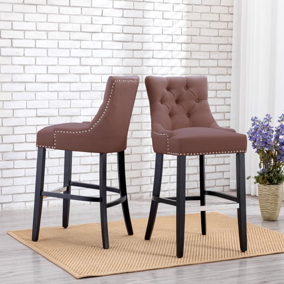 WestinTrends Hayes 29" Upholstered Wood Bar Stool with Tufted Back (Set of 2), Black/Brown