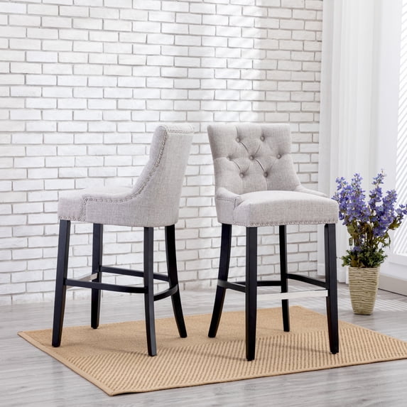 WestinTrends Hayes 29" Upholstered Wood Bar Stool with Tufted Back (Set of 2), Black/Light Gray
