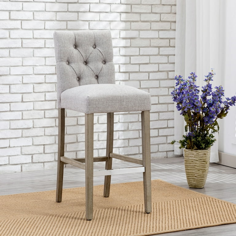 WestinTrends Hayes Bar Chairs Linen Upholstered Button Tufted Kitchen Island Chairs Bar Height Stools Solid Wood Legs Light Gray Walmart