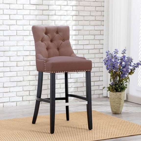 WestinTrends Hayes 29" Upholstered Wood Bar Stool with Tufted Back, Black/Brown