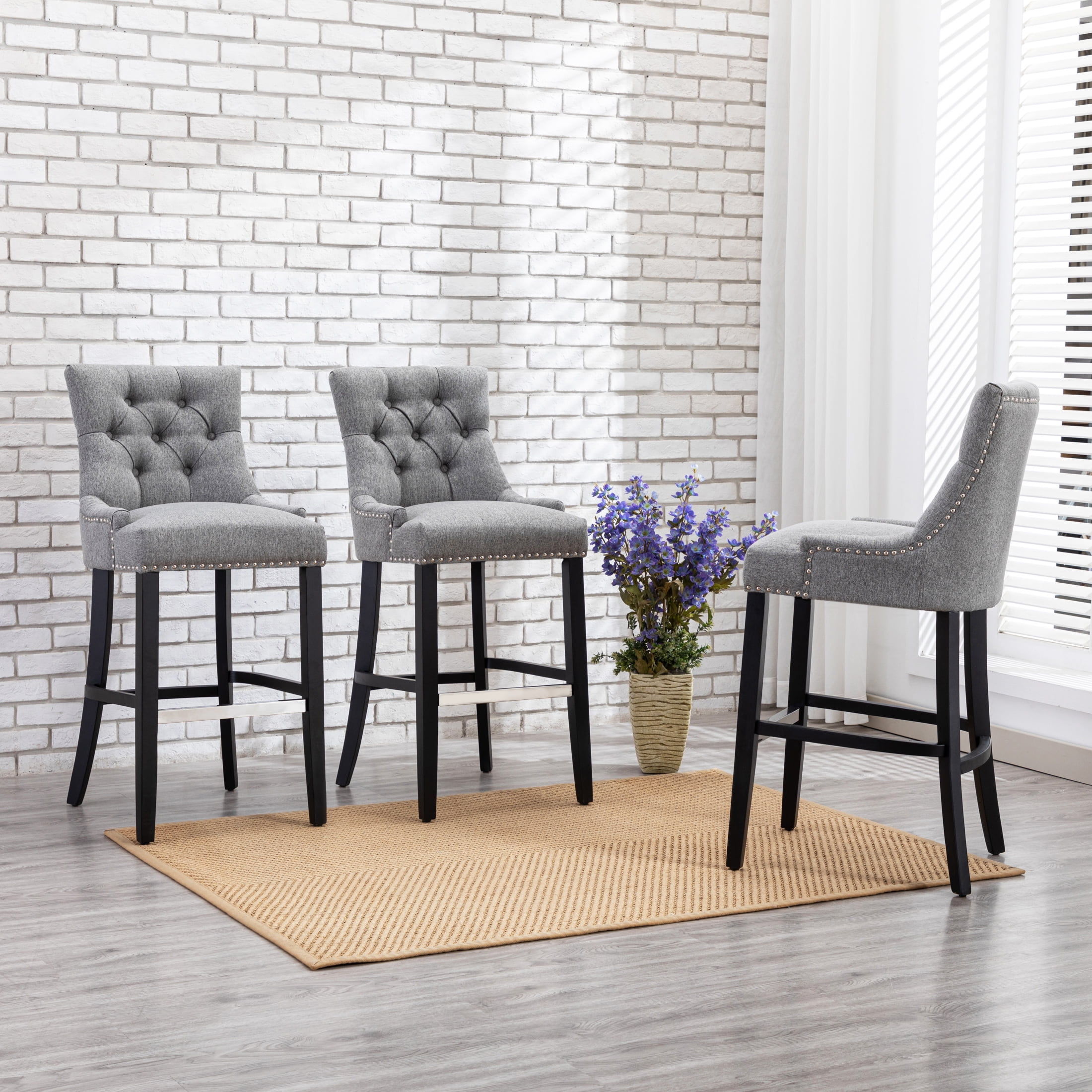 WestinTrends Hayes 29 Inch Barstool with Tufted Back Seat Linen Upholstered Button Dining Chair for Counter Kitchen Island Bar set of 3 Gray Walmart