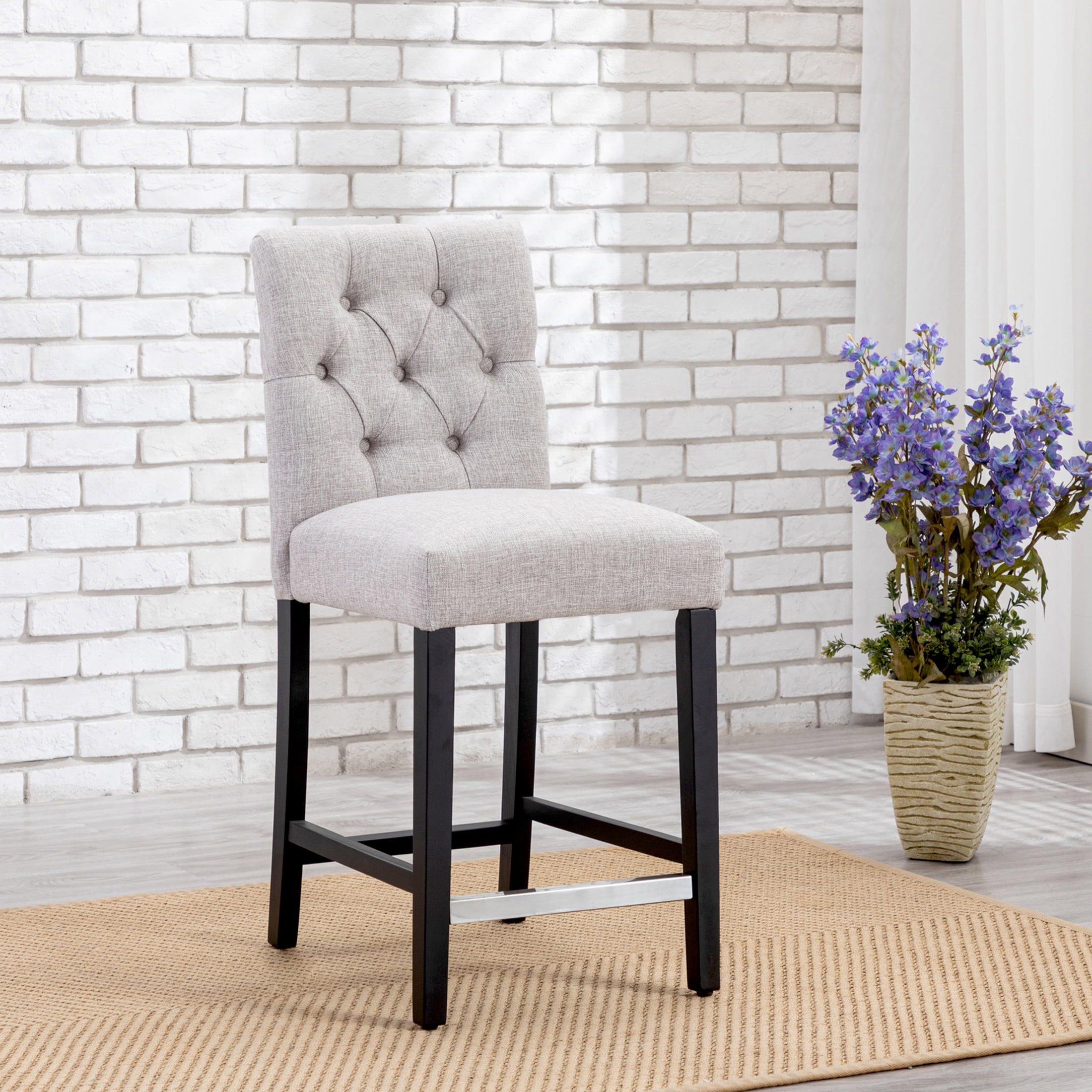WestinTrends Hayes Black Bar Stools, Button Tufted Linen, Kitchen ...
