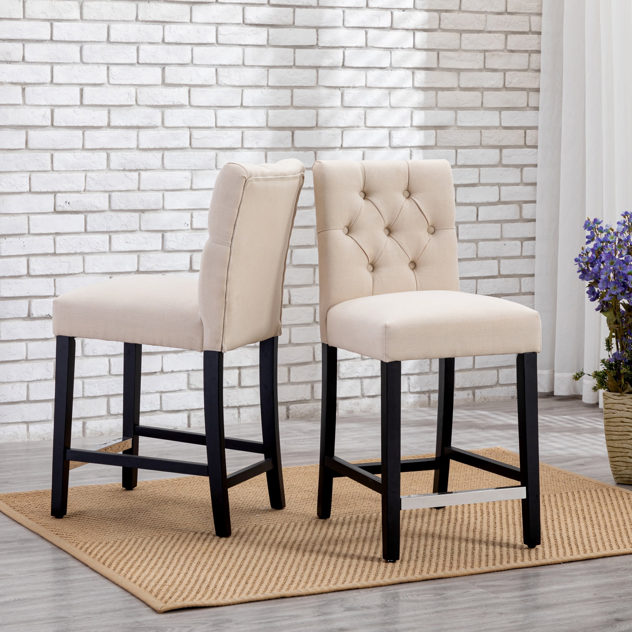 Beige Linen Upholstered Counter Stools with Black Wood Legs, Set of 2
