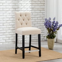 WestinTrends Hayes Black Bar Stools with Back, Modern Linen Upholstered Button Tufted Kitchen Island Counter Height Chairs Solid Wood Legs, Beige