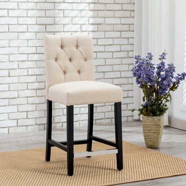 WestinTrends Hayes Black Bar Stools with Back, Modern Linen Upholstered Button Tufted Kitchen Island Counter Height Chairs Solid Wood Legs, Beige