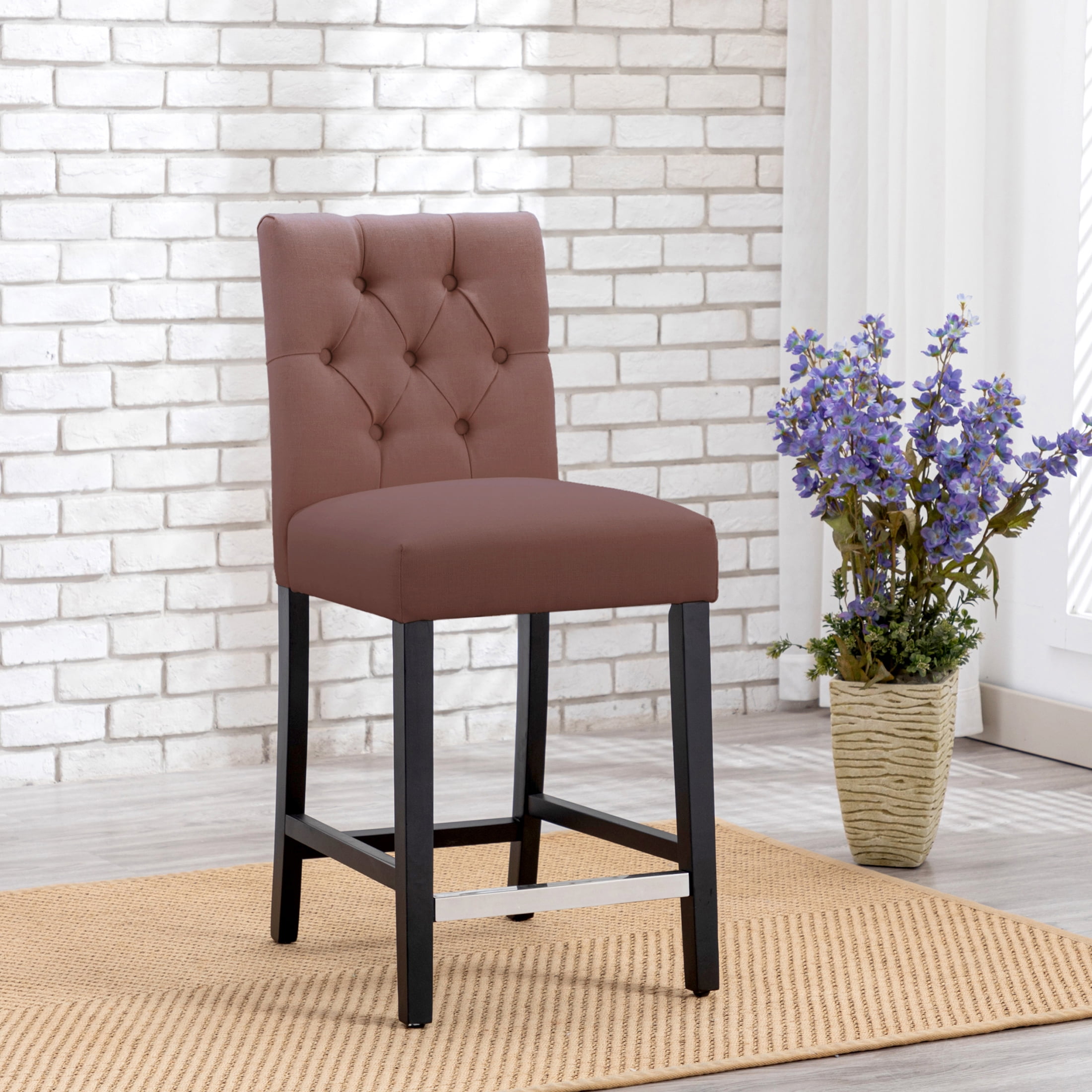 Brown Linen Upholstered Button Tufted Counter Stool with Wood Legs