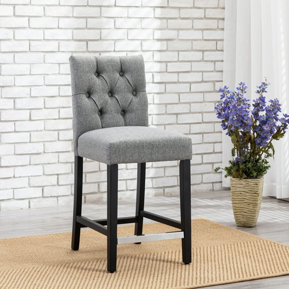 WestinTrends Hayes Black Bar Stools with Back, Modern Linen Upholstered Button Tufted Kitchen Island Counter Height Chairs Solid Wood Legs, Gray