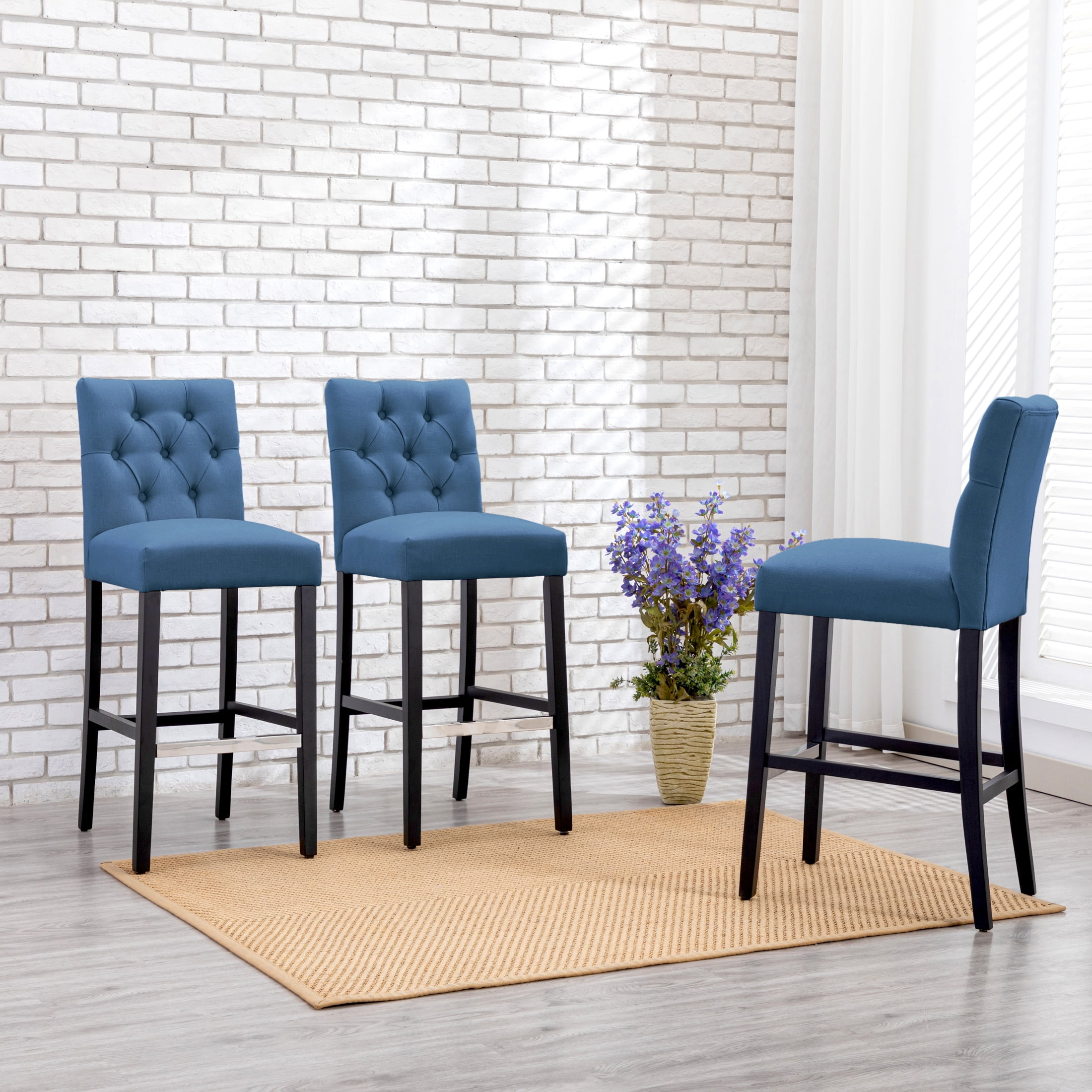 Hayes Blue Linen Upholstered Bar Stools with Wood Legs, Set of 3