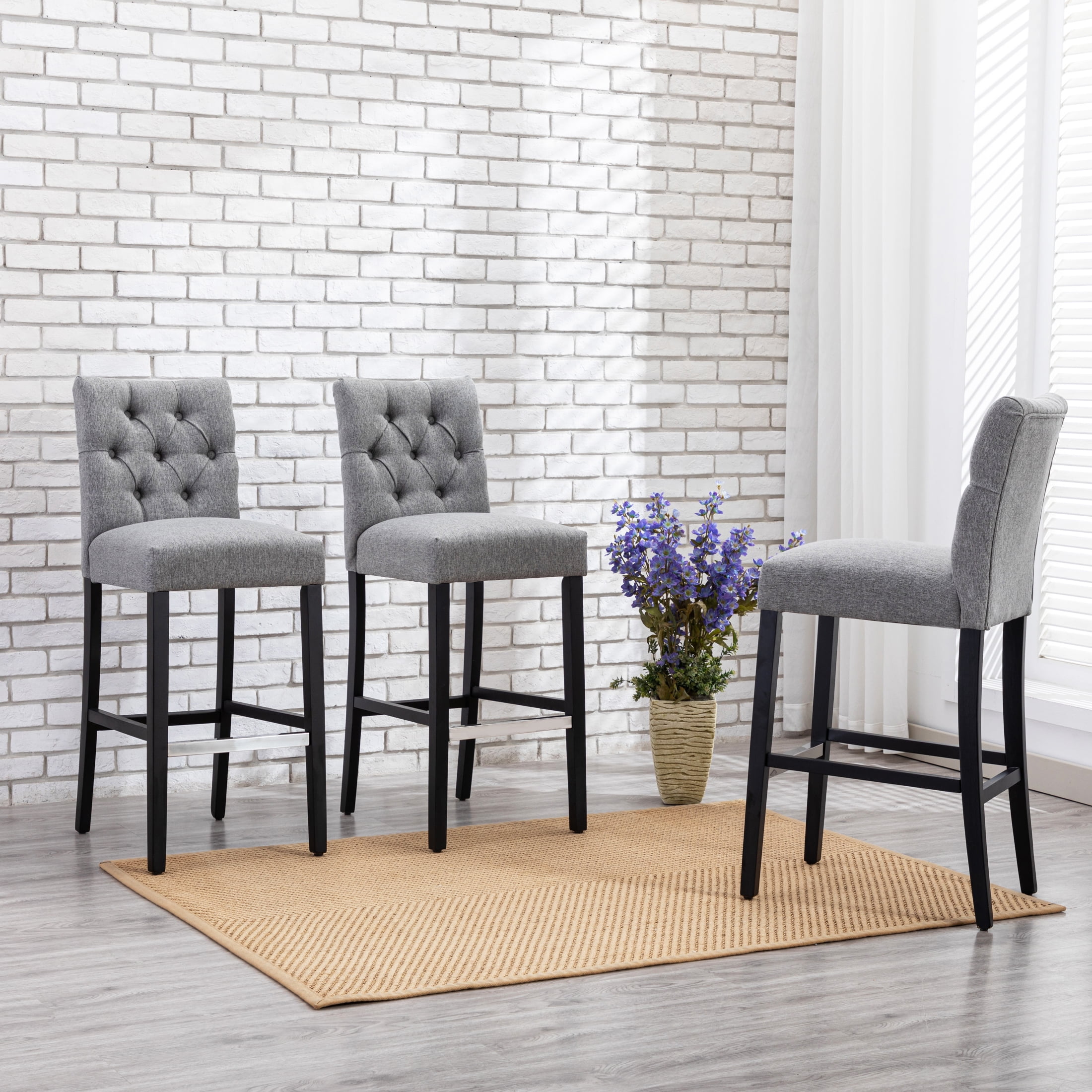 WestinTrends Gray Linen Upholstered Barstools with Button Tufted Back and Black Wood Legs (Set of 3)