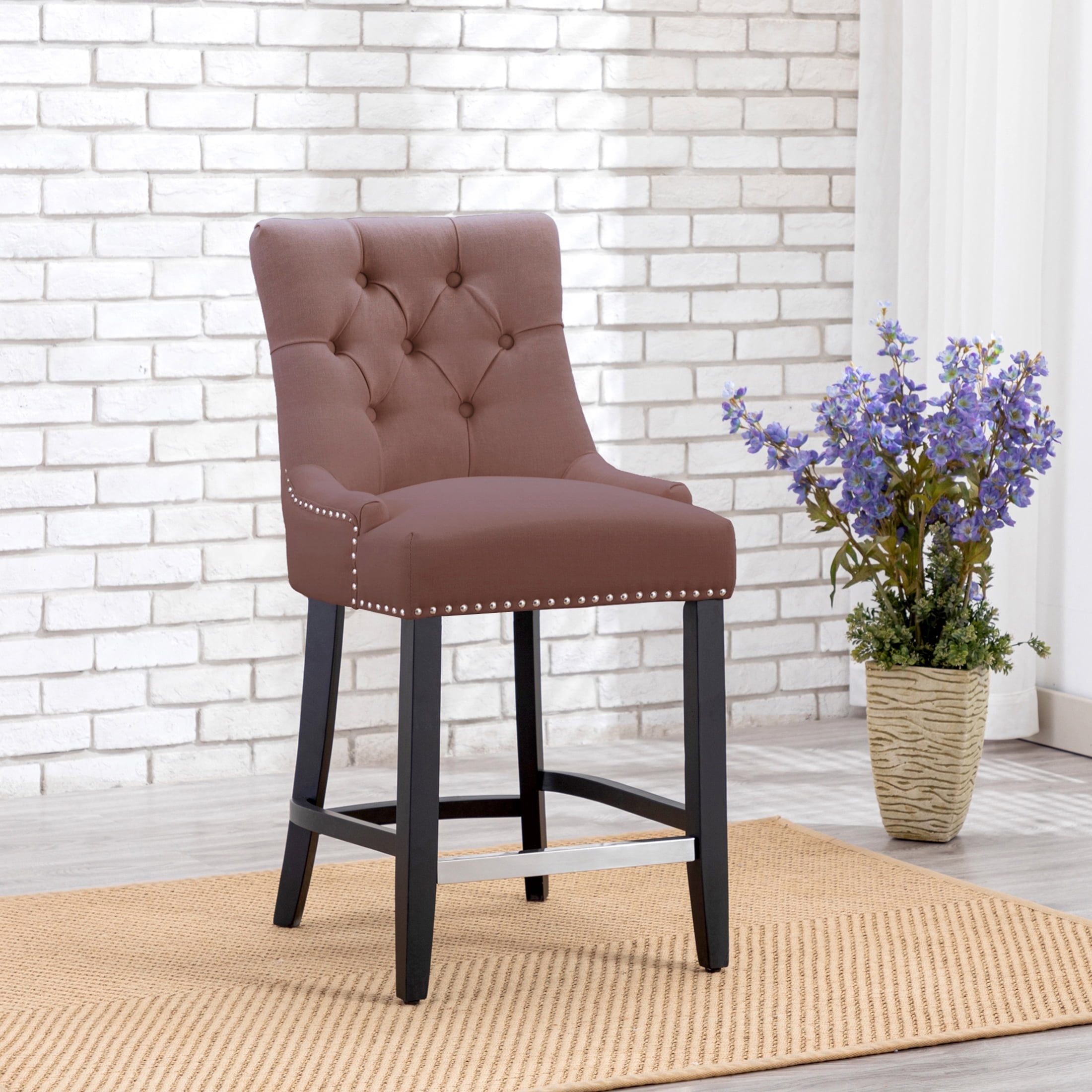 WestinTrends 29" Brown Linen Tufted Wingback Bar Stool Set