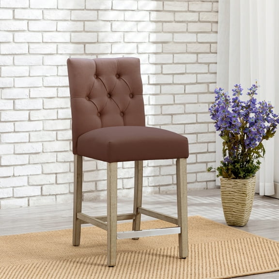 WestinTrends Hayes Counter Height Chairs, Linen Upholstered Button Tufted Kitchen Counter Bar Stools with Back Solid Wood Legs, Brown