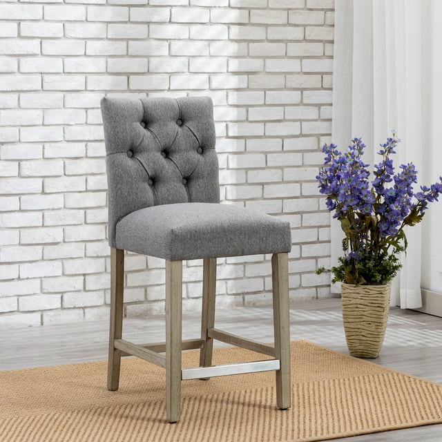 WestinTrends Hayes Counter Height Chairs, Linen Upholstered Button Tufted Kitchen Counter Bar Stools with Back Solid Wood Legs, Gray