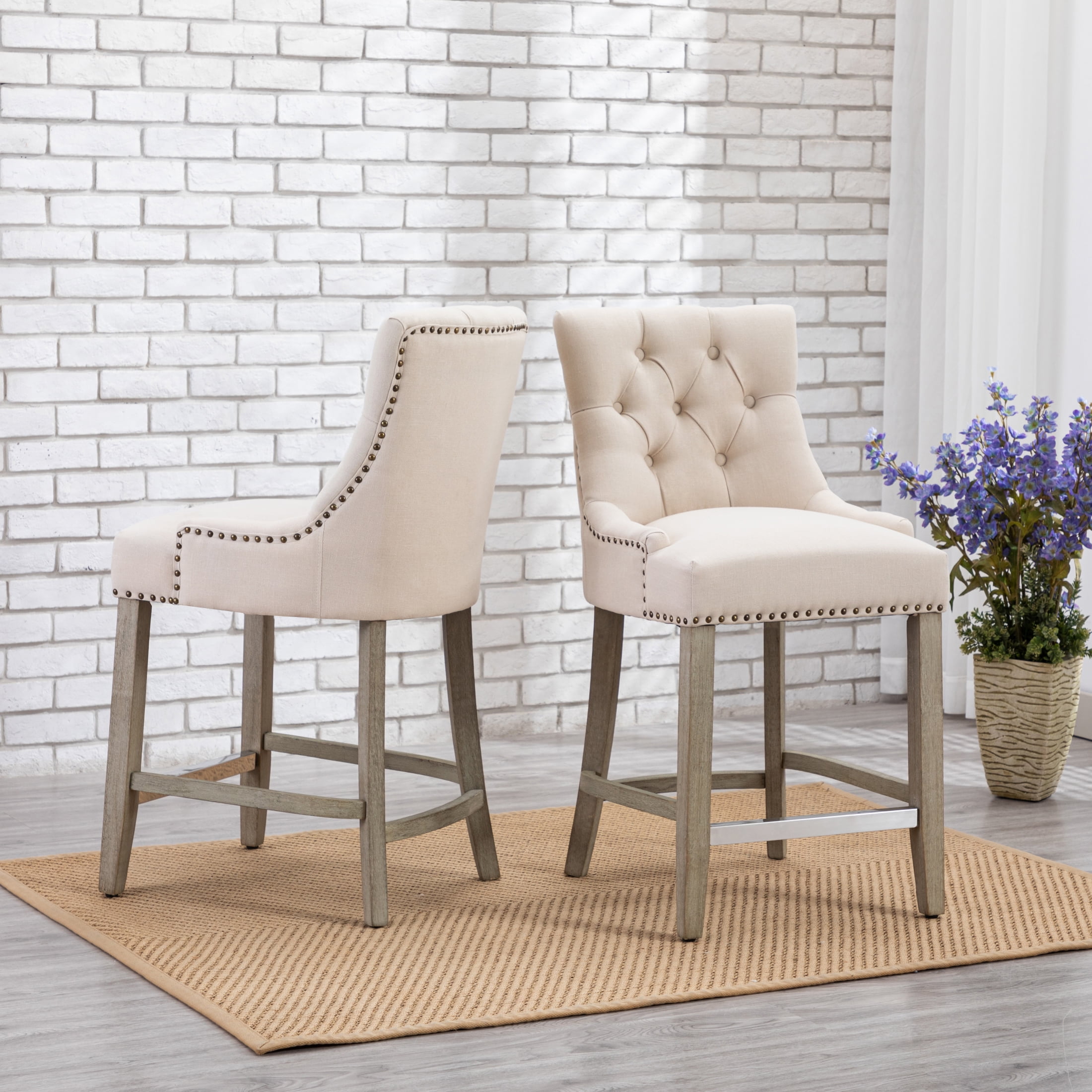 "WestinTrends Hayes Set of 2 Counter Stools, Button Tufted, Linen