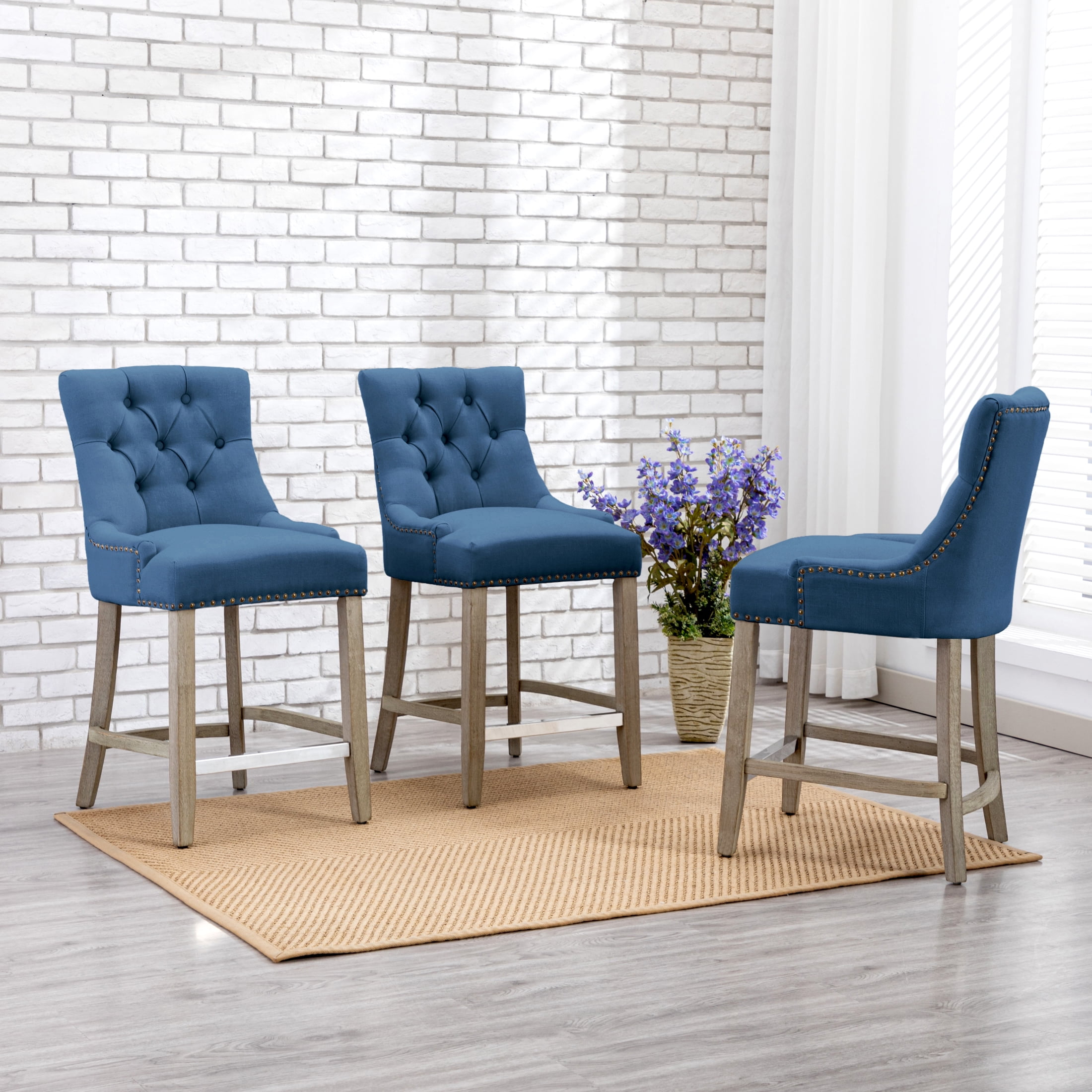WestinTrends Set of 3 Wooden Dining Bar Stools 24inch Seat Height Blue Linen Upholstered with Button Tufted Back Walmart