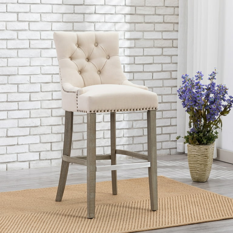 WestinTrends Hayes 29 Inch Barstool with Tufted Back Seat Linen Upholstered Button Dining Chair for Counter Kitchen Island Bar Beige