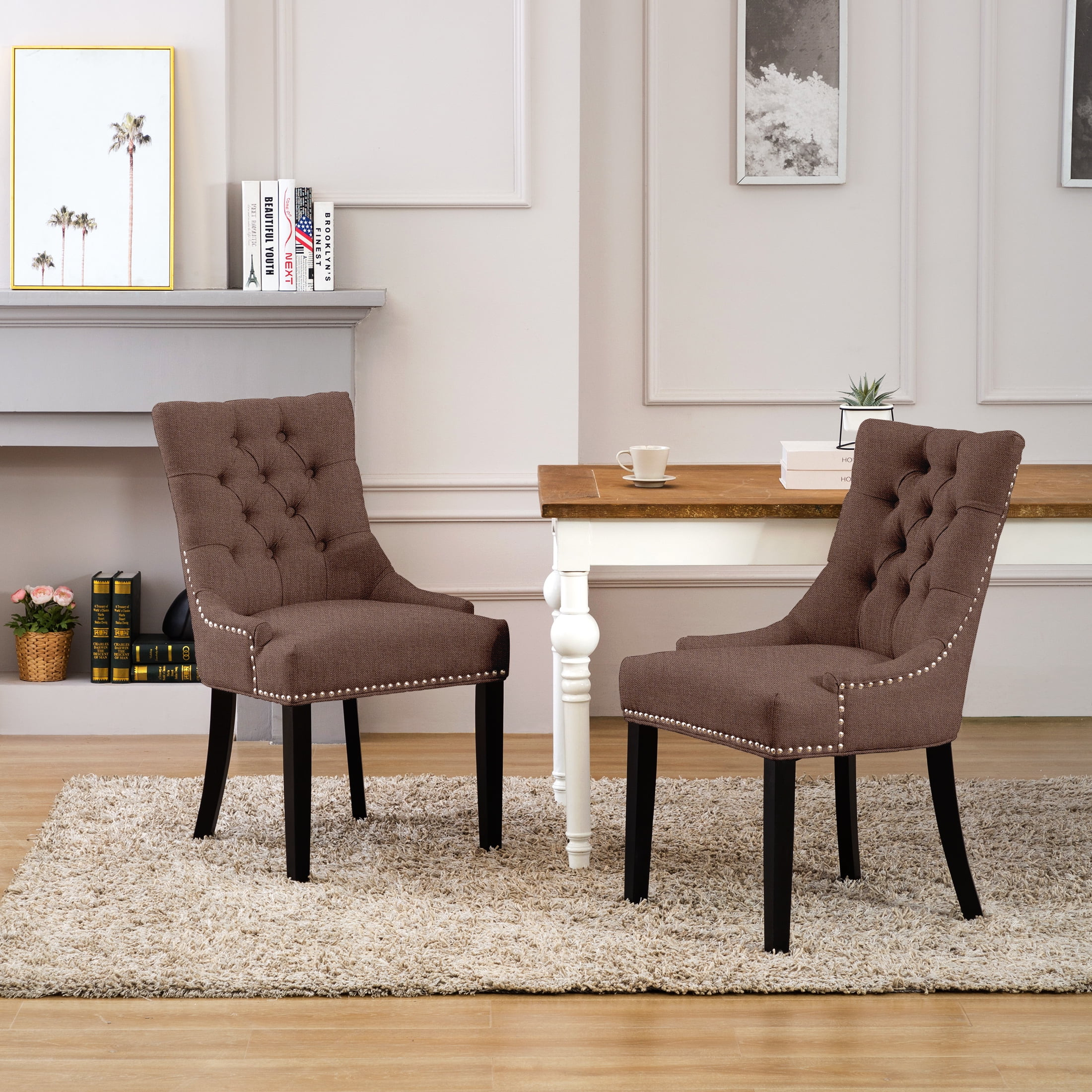 WestinTrends Hayes Upholstered Dining Chairs Set of 2 Linen Fabric Modern Wingback Button Tufted Kitchen Dining Room Chairs with Solid Wood Legs