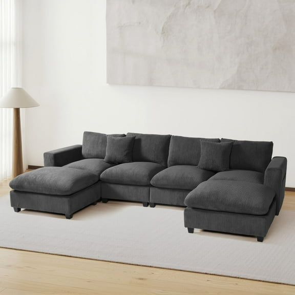 WestinTrends Hearthside 128" Corduroy Modular U-Shaped Sectional Couch and Chaise With USB/Type-C Ports and Side Pockets, Charcoal Gray