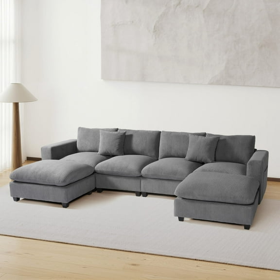 WestinTrends Hearthside 128" Corduroy Modular U-Shaped Sectional Couch and Chaise With USB/Type-C Ports and Side Pockets, Gray